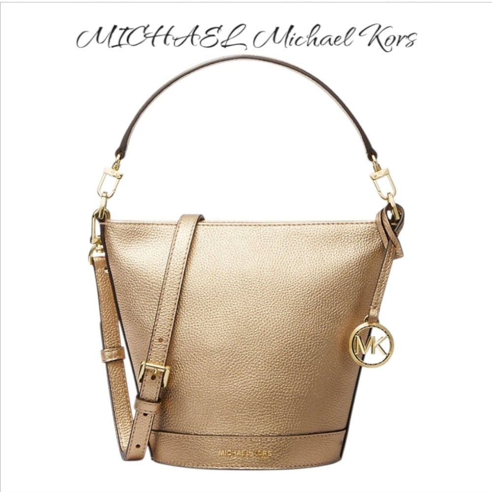 Michael Kors Townsend Small Metallic Gold Pebbled Leather Bucket Crossbody Bag
